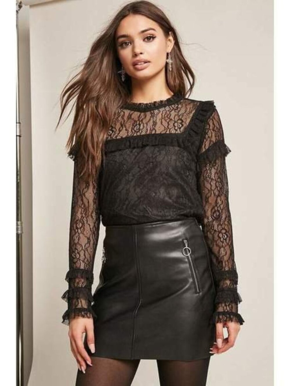 Forever 21 Black Ruffled Lace Top Medium M